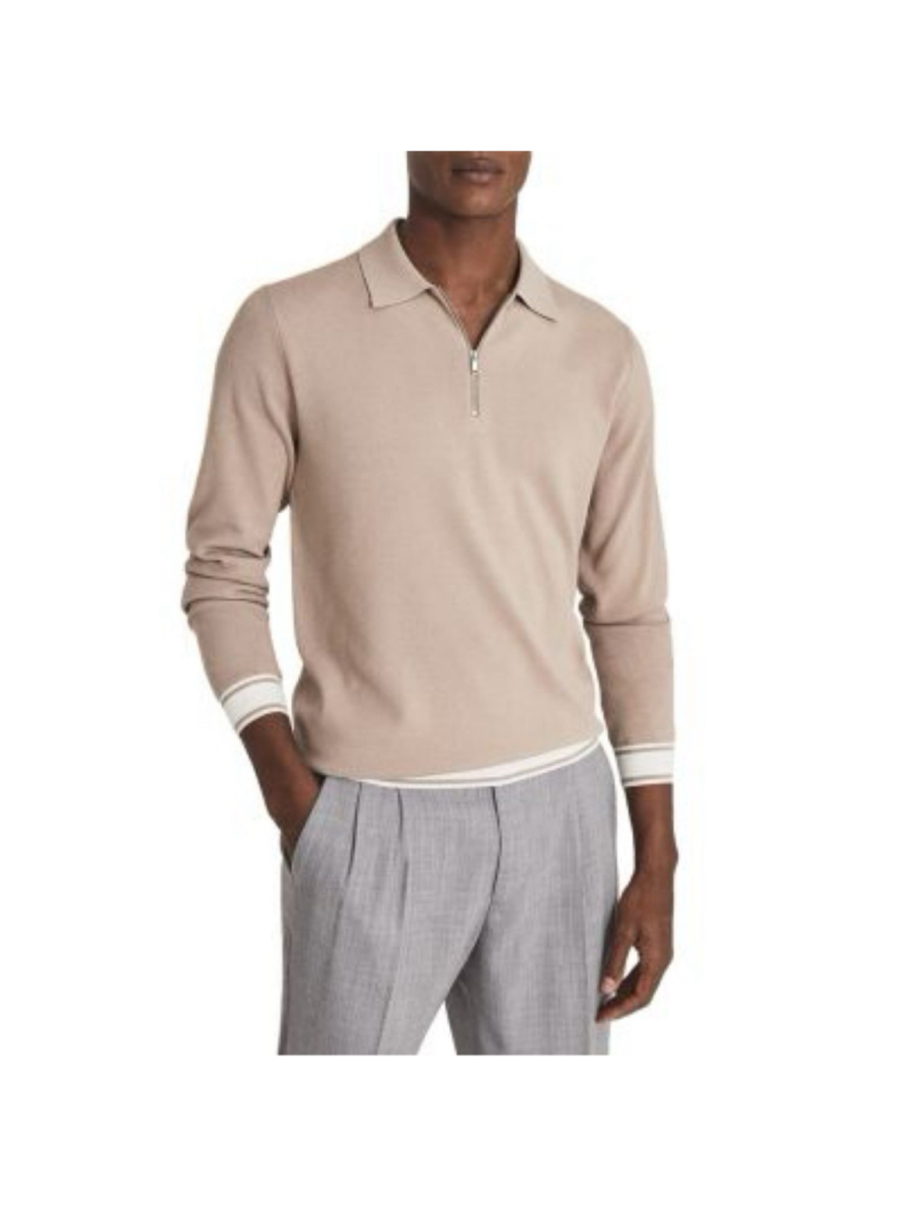 Reiss Polo Sweater Men’s M Beige Long Sleeve 1/4 Zip Knit Cotton Contrast Ribbed